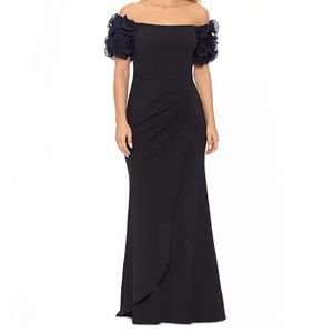 New XSCAPE Off-The-Shoulder Ruffled-Sleeve Gown in Black Size 12